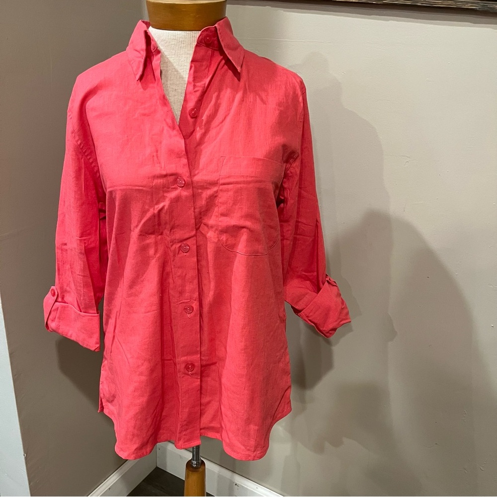 Liz Baker Pink Button Down Linen Cotton Top Women’s Size Small